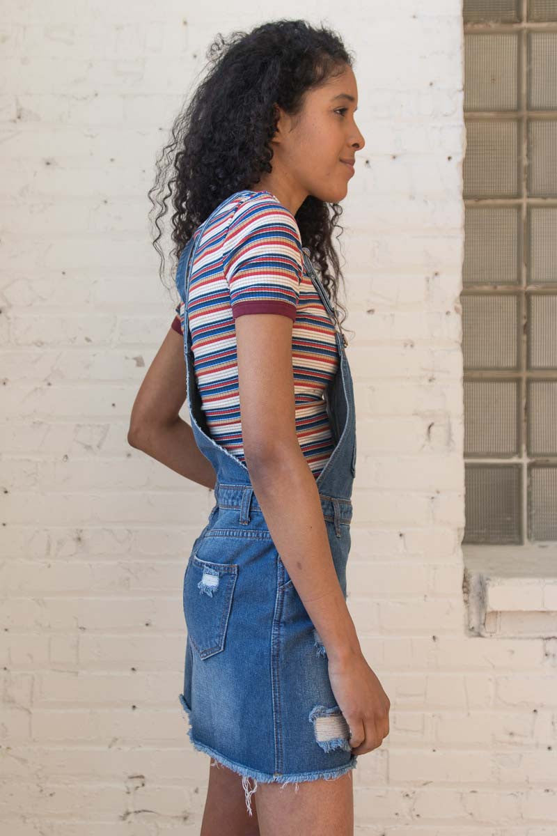 Dark Wash Distressed Denim Overall Skirt