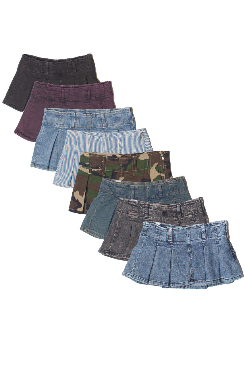 Low Rise Denim Pleated Mini Skort