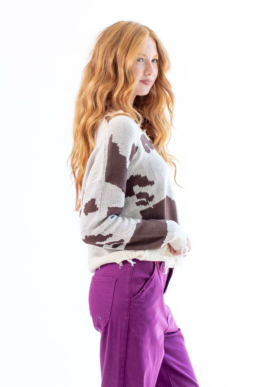 Distressed Cow Print Sweater
