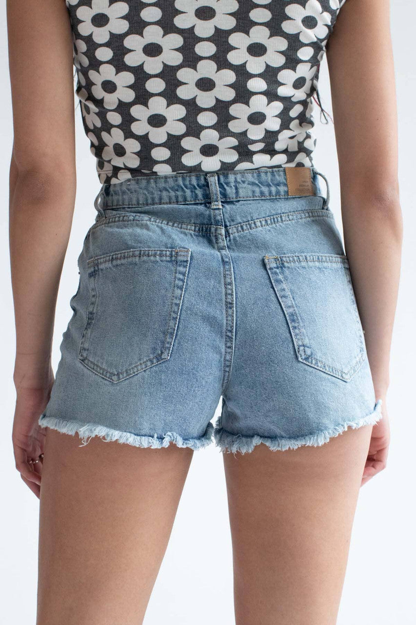 Distressed High Waisted Light Blue Denim Shorts