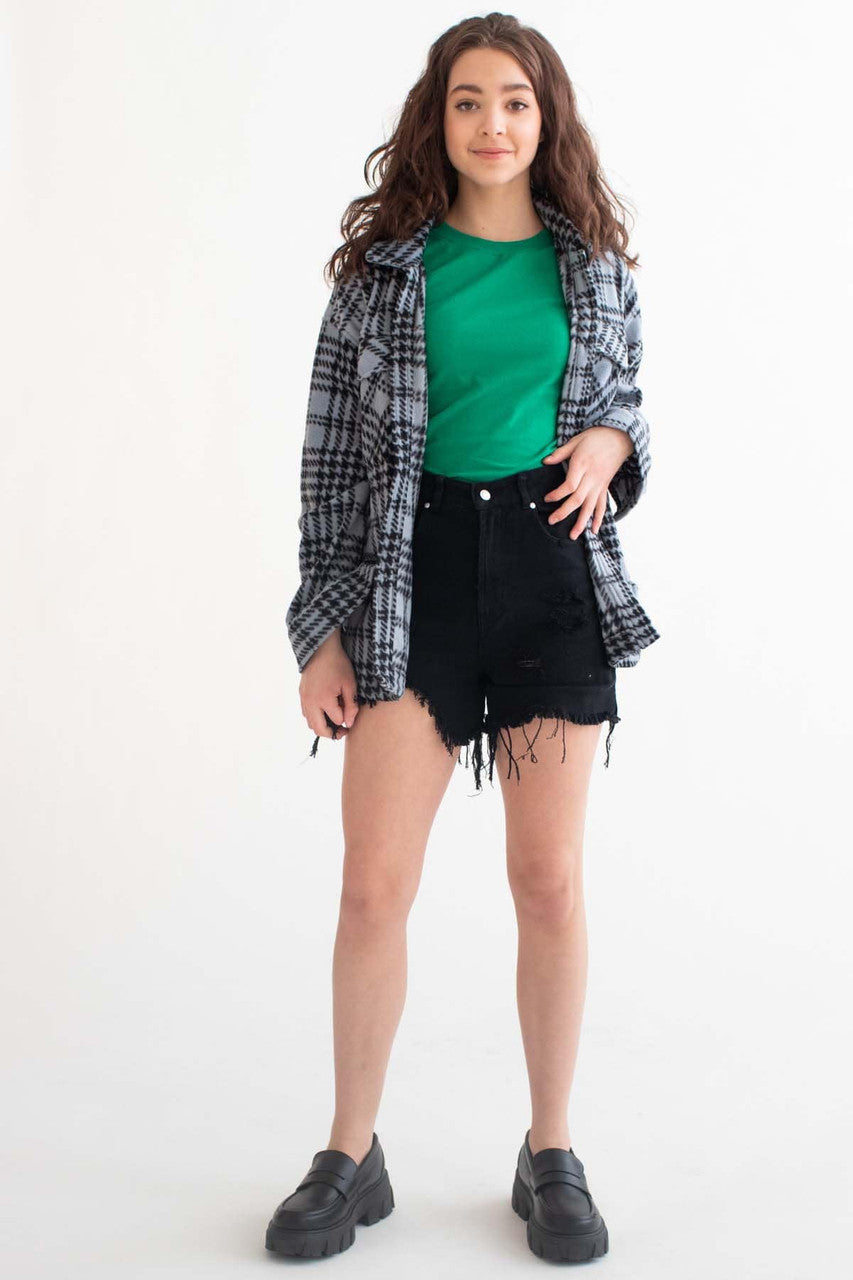 Dusty Blue Fleece Houndstooth Shacket