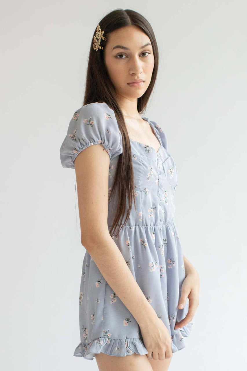 Dusty Blue Floral Ruffle Hem Romper