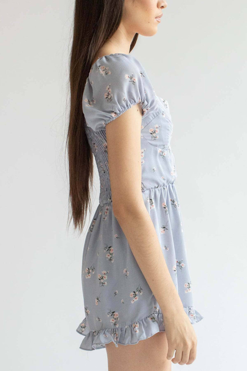 Dusty Blue Floral Ruffle Hem Romper