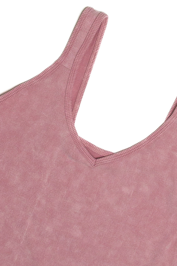 Dusty Pink Ribbed Deep V Top