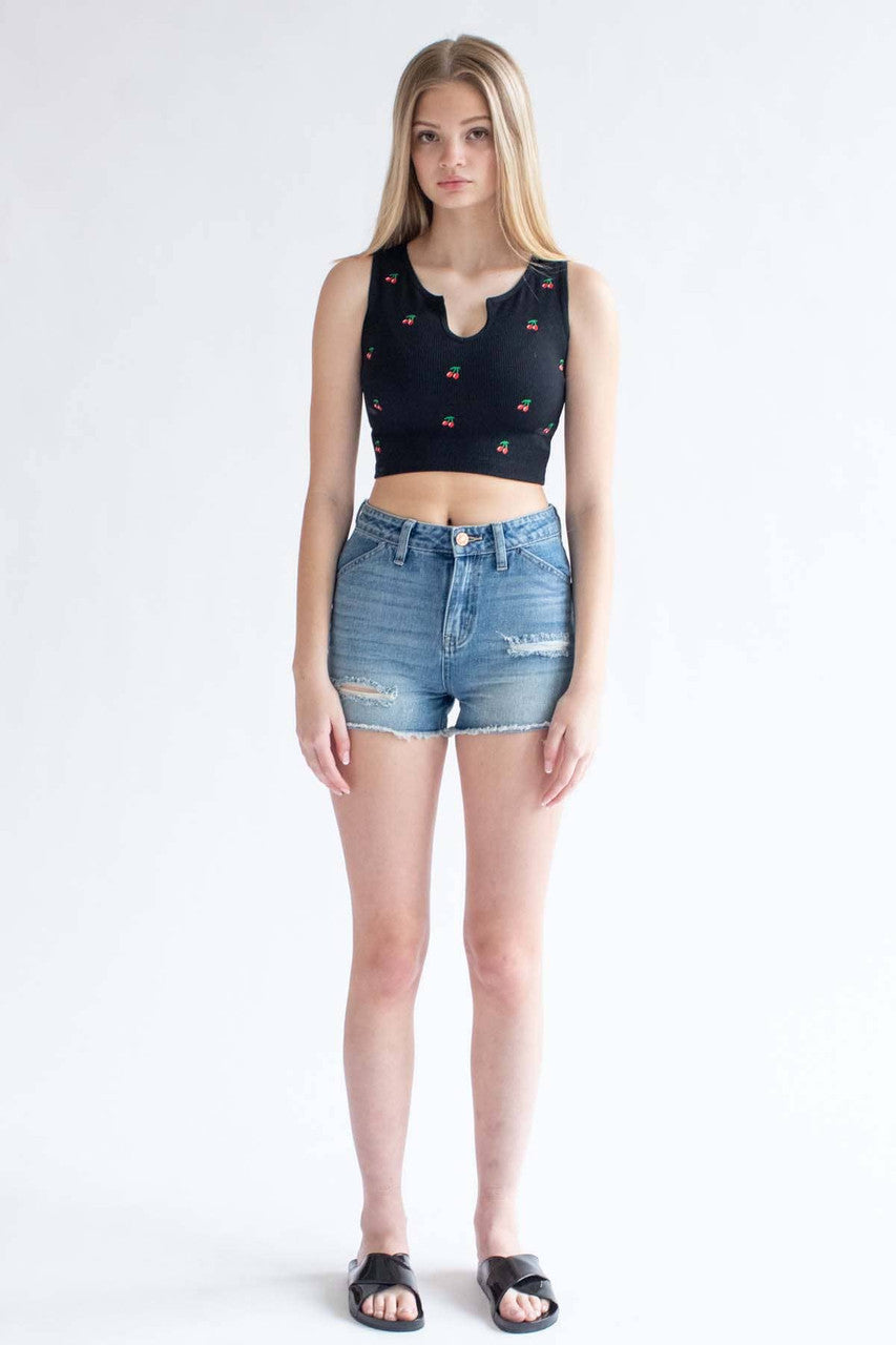 Embroidered Cherry Seamless Notch Tank