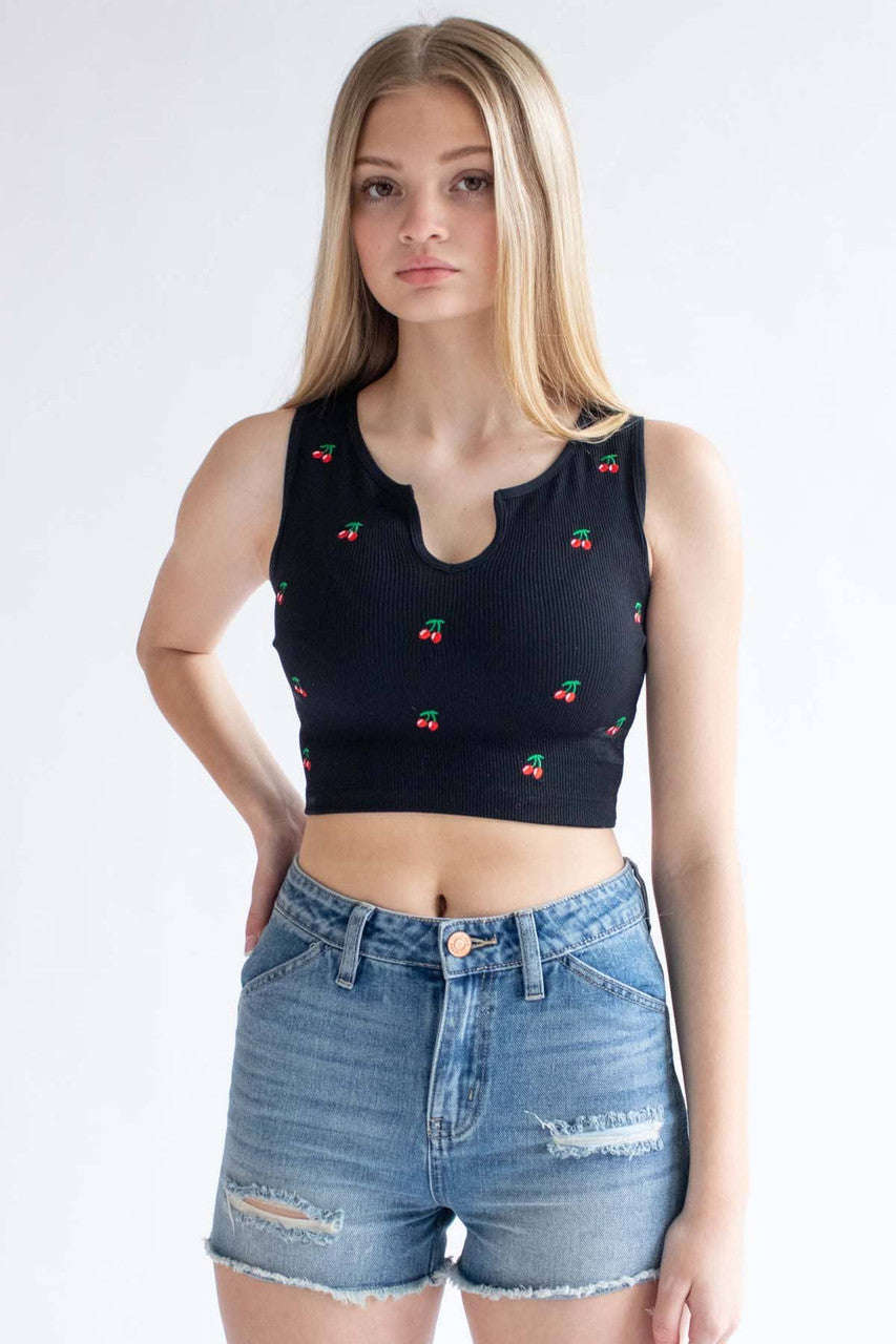 Embroidered Cherry Seamless Notch Tank