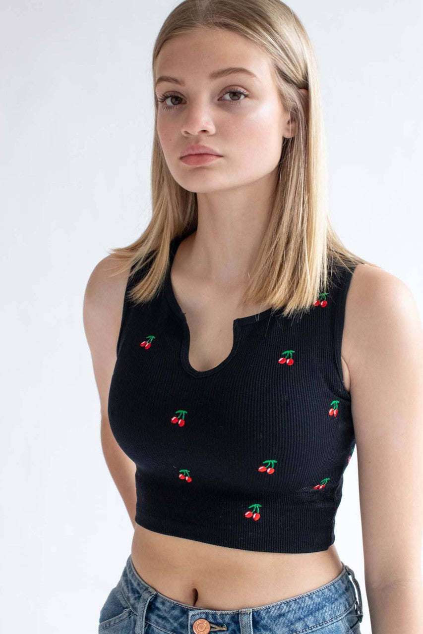 Embroidered Cherry Seamless Notch Tank
