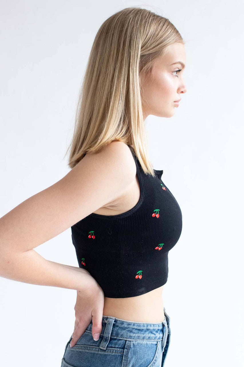 Embroidered Cherry Seamless Notch Tank
