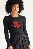 Embroidered Dragon Ribbed Long Sleeve Top
