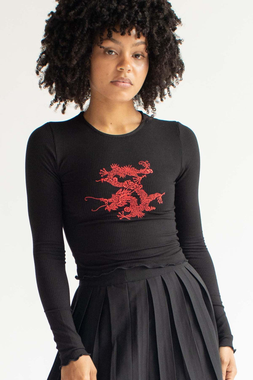 Embroidered Dragon Ribbed Long Sleeve Top