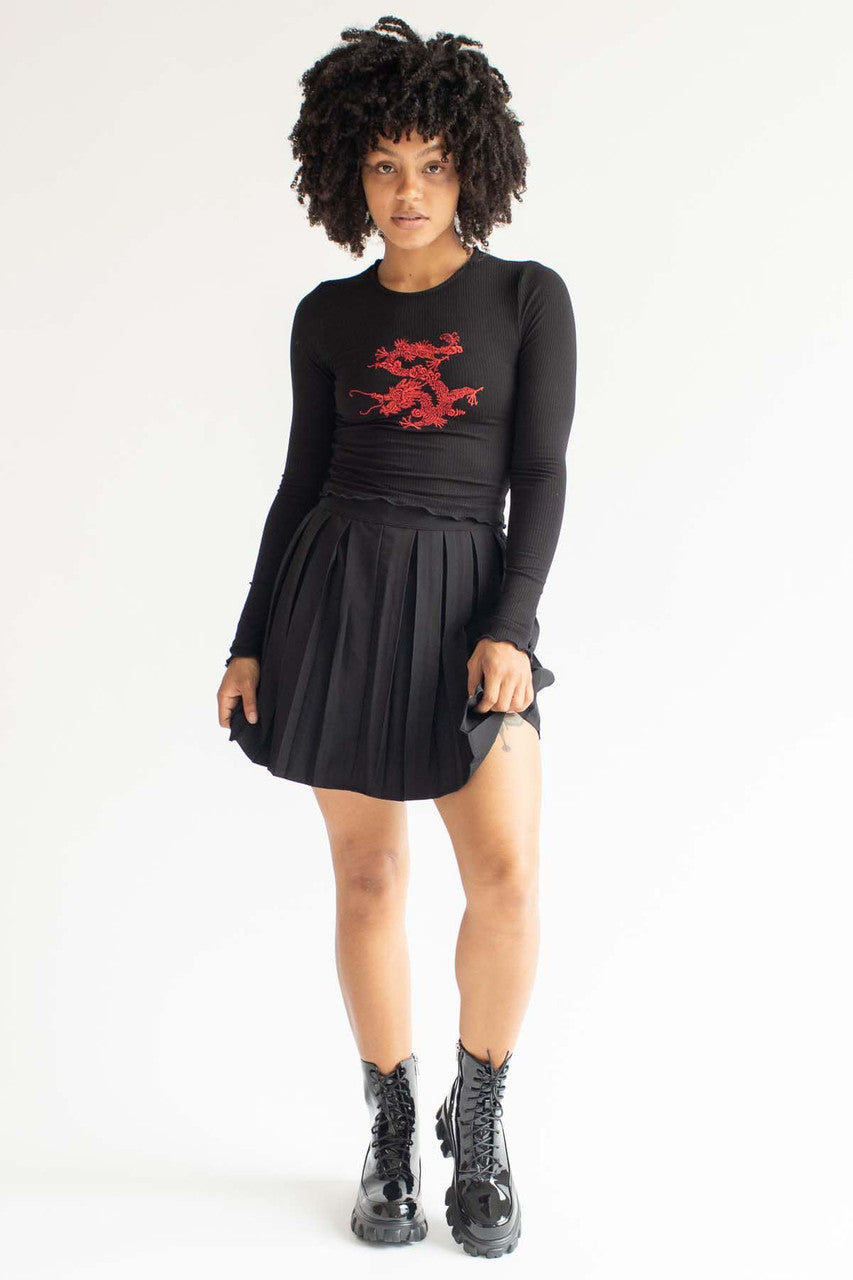 Embroidered Dragon Ribbed Long Sleeve Top