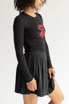 Embroidered Dragon Ribbed Long Sleeve Top