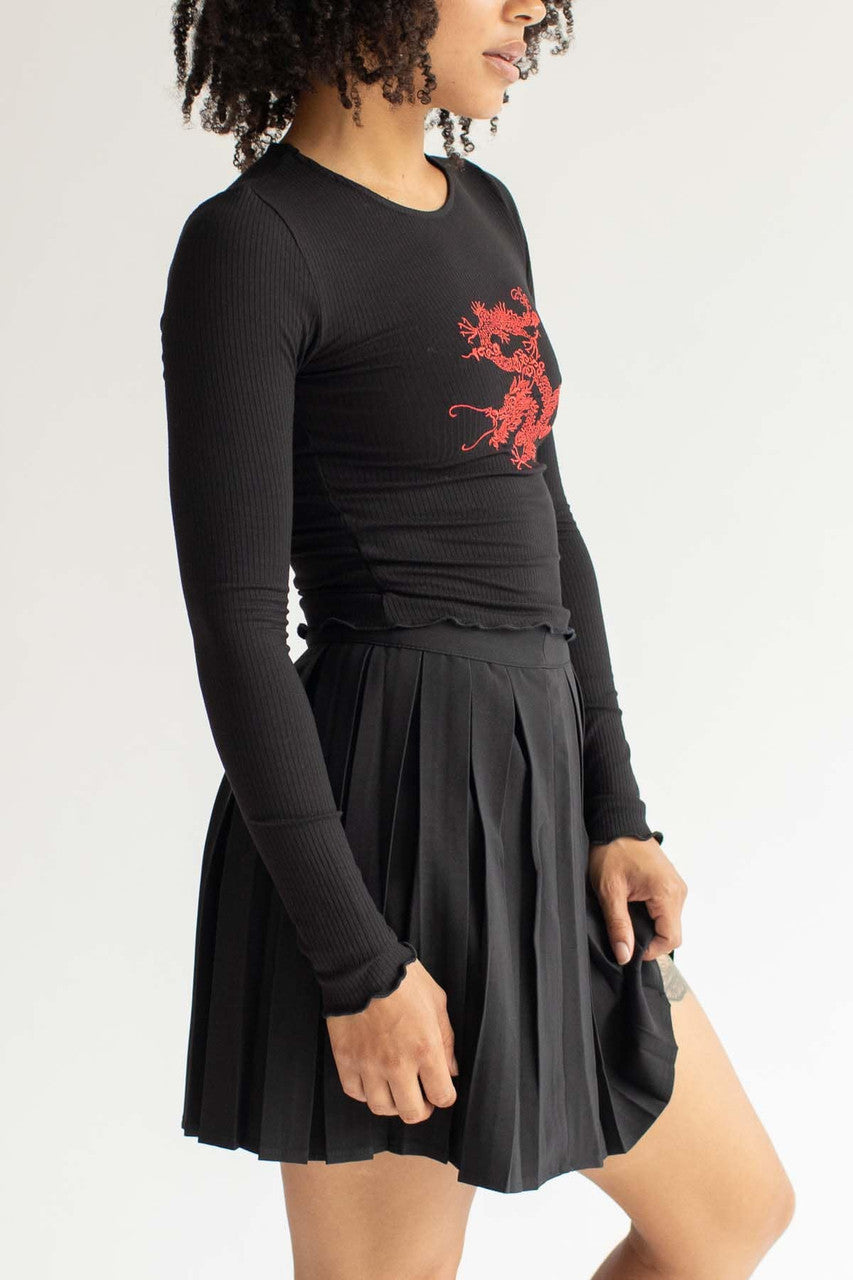 Embroidered Dragon Ribbed Long Sleeve Top