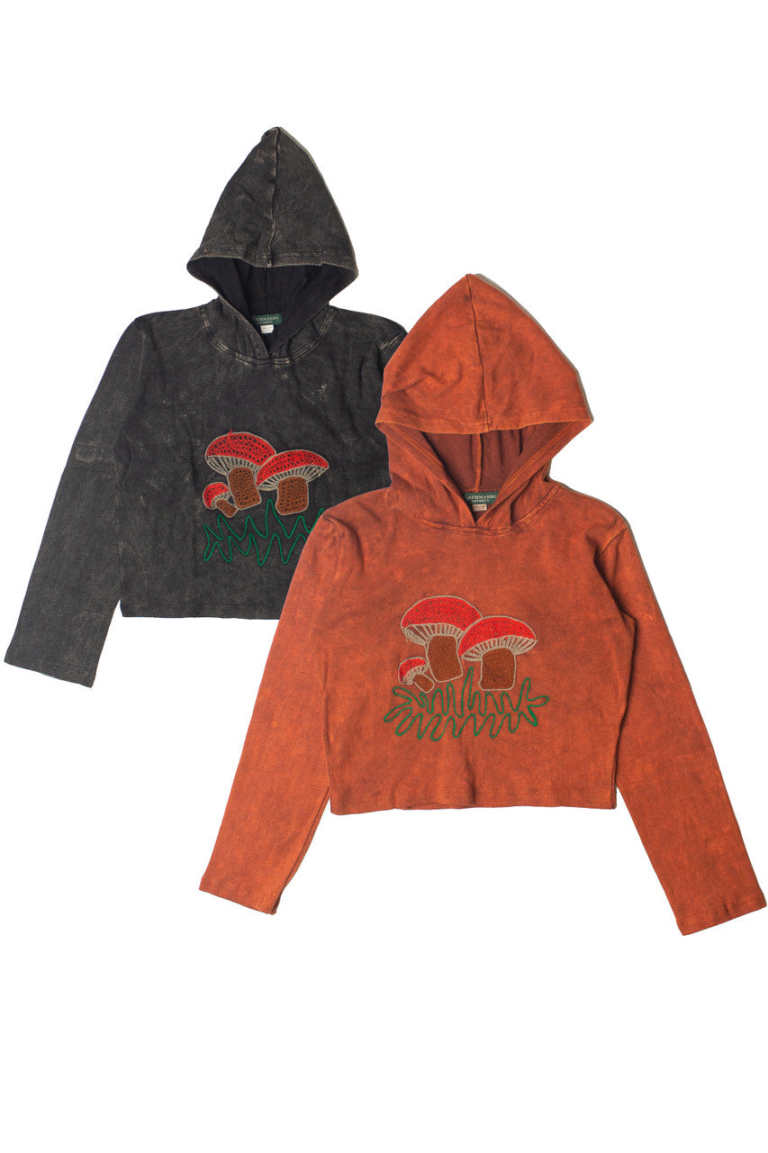 Embroidered Mushroom Mineral Wash Crop Hoodie