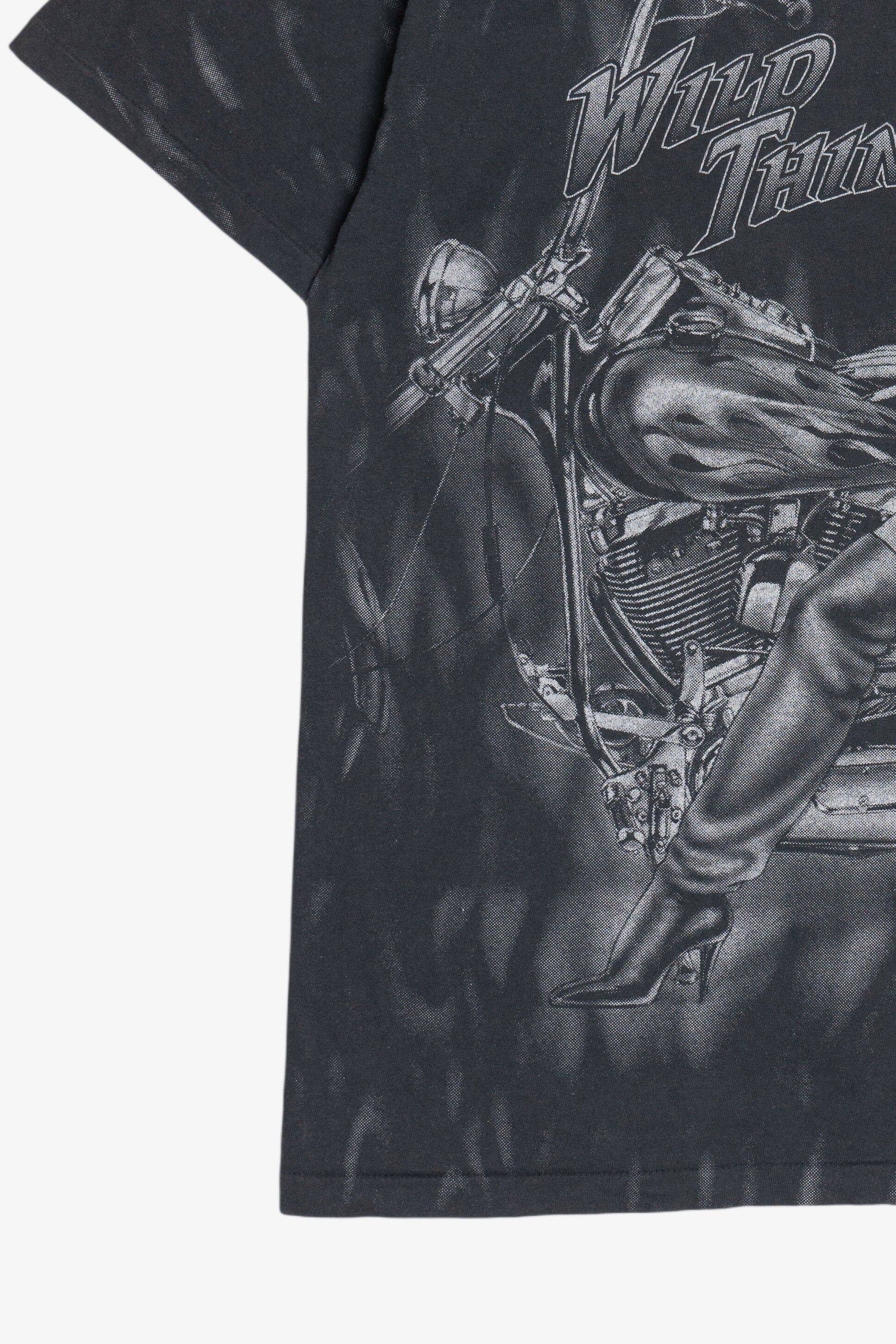 Vintage "Wild Thing" Motorcycle Pin-Up Girl Flames All Over Print T-Shirt (1990s)