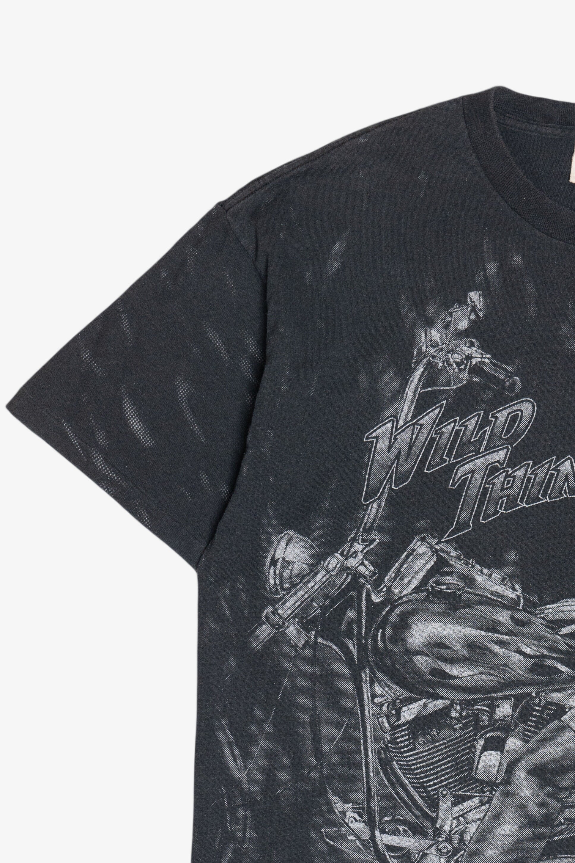 Vintage "Wild Thing" Motorcycle Pin-Up Girl Flames All Over Print T-Shirt (1990s)