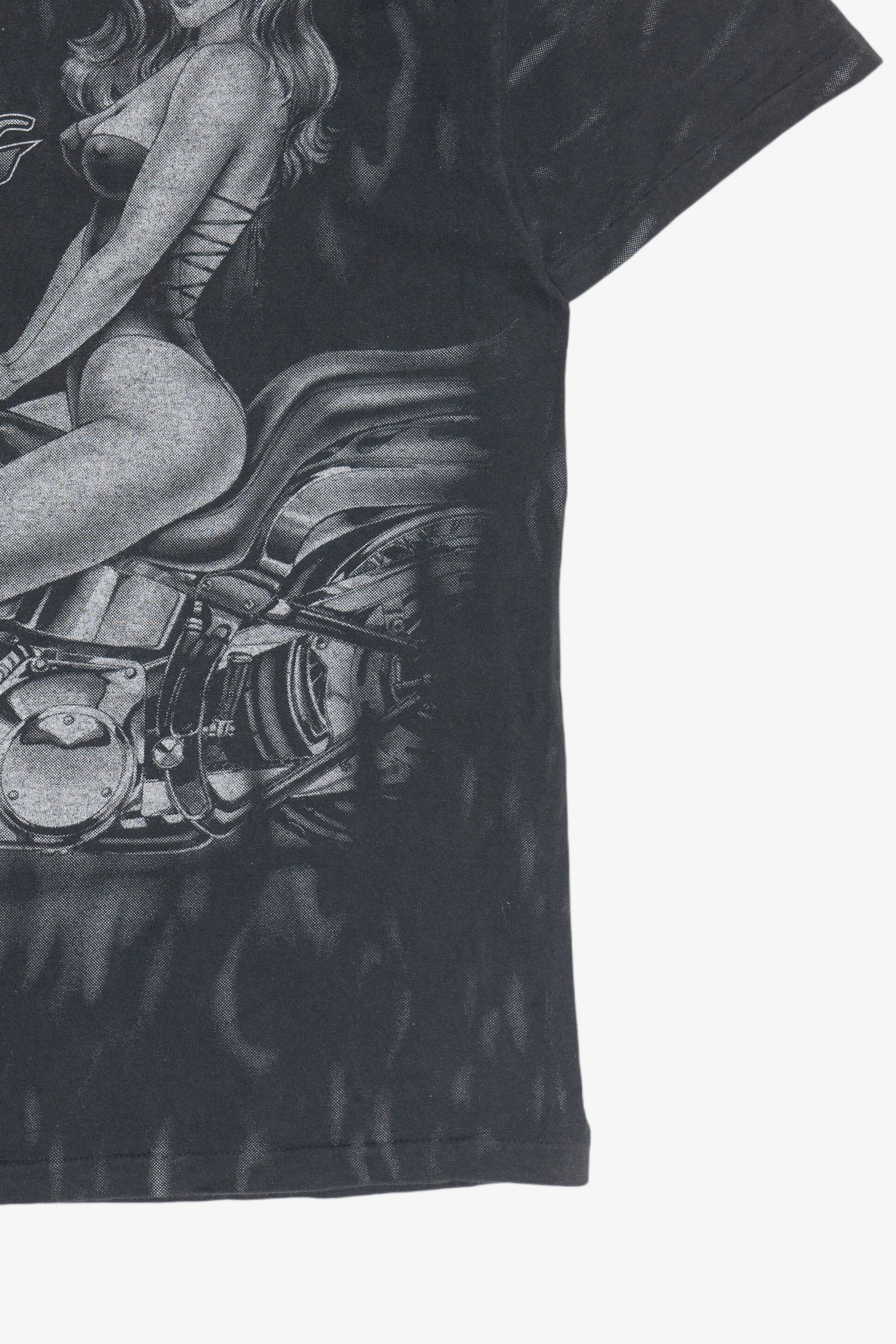 Vintage "Wild Thing" Motorcycle Pin-Up Girl Flames All Over Print T-Shirt (1990s)