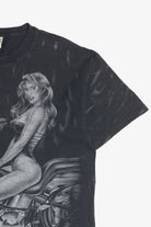 Vintage "Wild Thing" Motorcycle Pin-Up Girl Flames All Over Print T-Shirt (1990s)