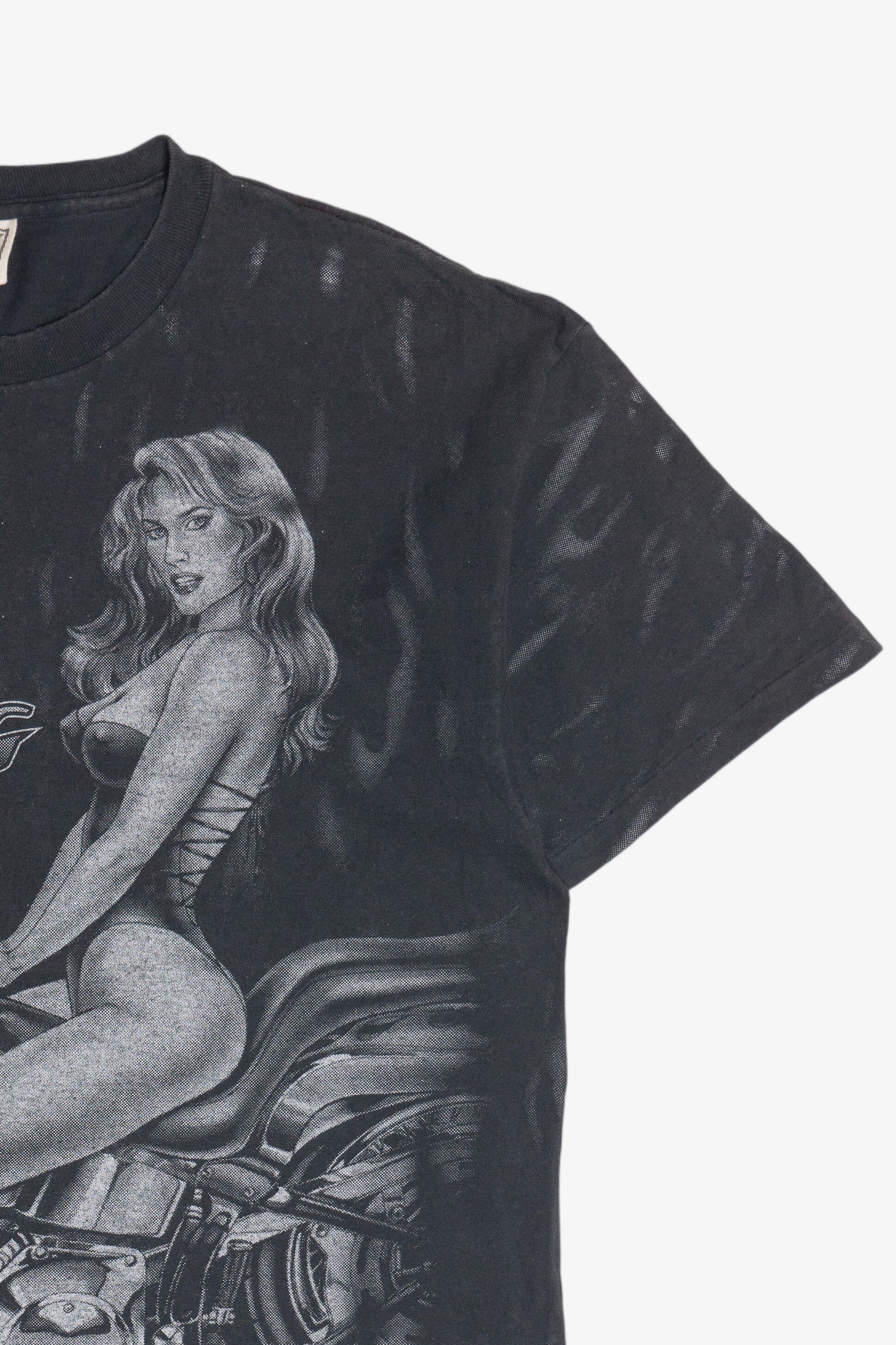 Vintage "Wild Thing" Motorcycle Pin-Up Girl Flames All Over Print T-Shirt (1990s)