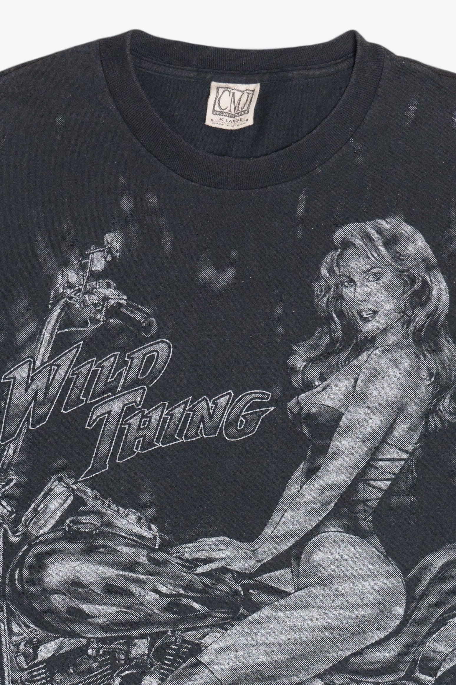 Vintage "Wild Thing" Motorcycle Pin-Up Girl Flames All Over Print T-Shirt (1990s)