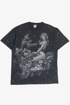 Vintage "Wild Thing" Motorcycle Pin-Up Girl Flames All Over Print T-Shirt (1990s)