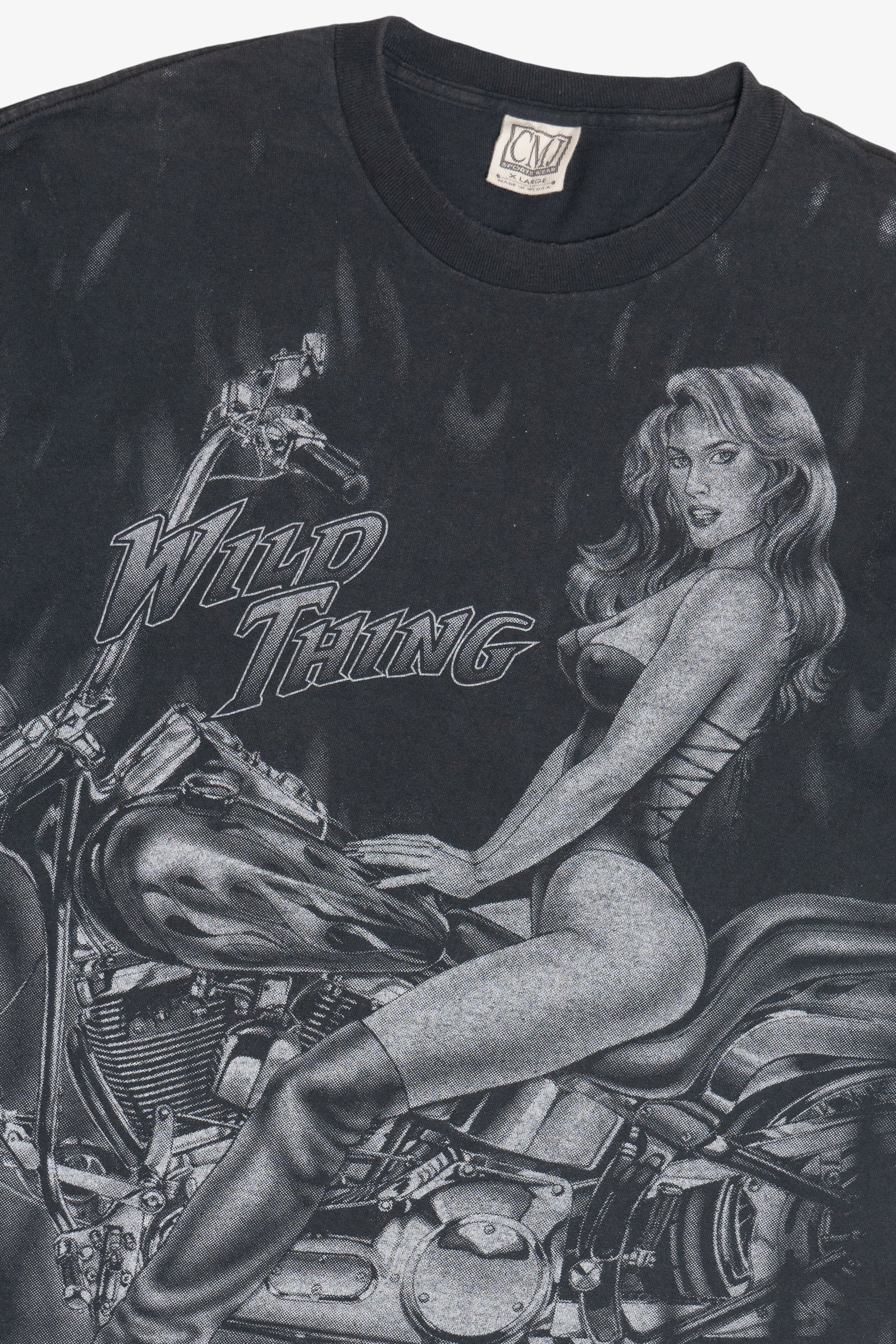 Vintage "Wild Thing" Motorcycle Pin-Up Girl Flames All Over Print T-Shirt (1990s)
