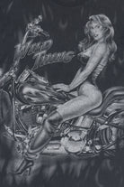 Vintage "Wild Thing" Motorcycle Pin-Up Girl Flames All Over Print T-Shirt (1990s)