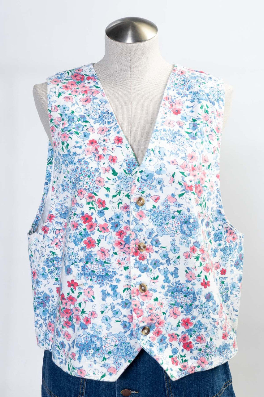 Vintage Floral White Denim Vest (sz. Medium)