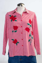 Vintage Embroidered Roses Gingham Button Up Shirt (sz. Medium)