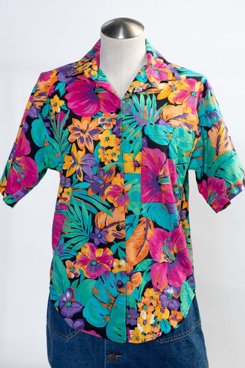Vintage Tropical Floral Button Up Shirt (1980s)
