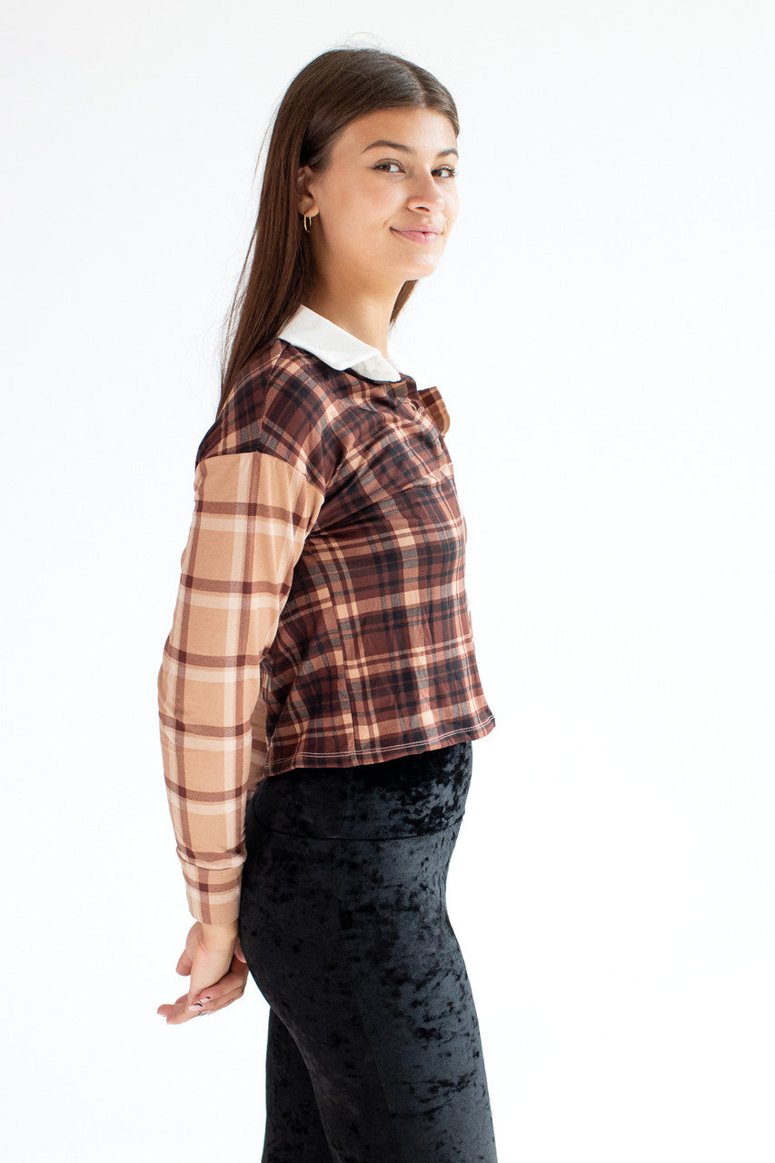 Fleece Mixed Plaid Long Sleeved Polo Shirt