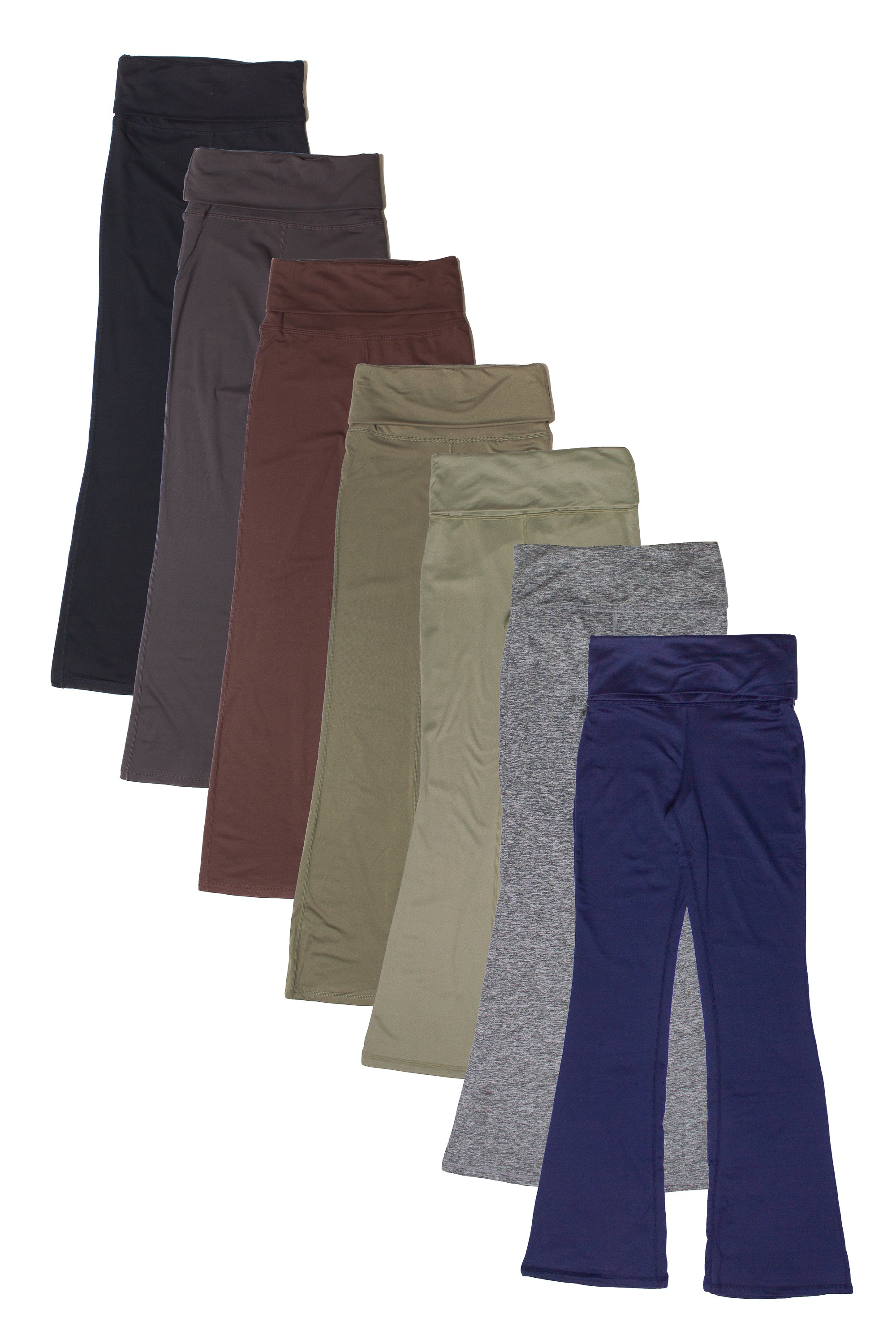 Fold Over Fleece Lined Flare Leggings in multiple colors, shown laid flat in small to extra-large sizes.