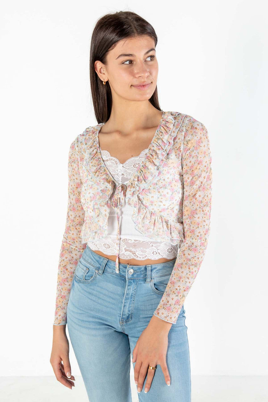Floral Mesh Tie Front Top