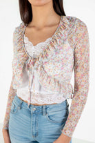 Floral Mesh Tie Front Top