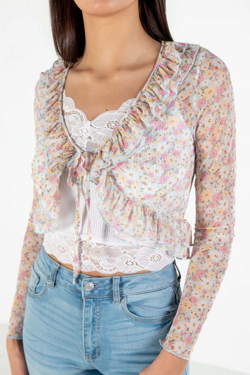Floral Mesh Tie Front Top