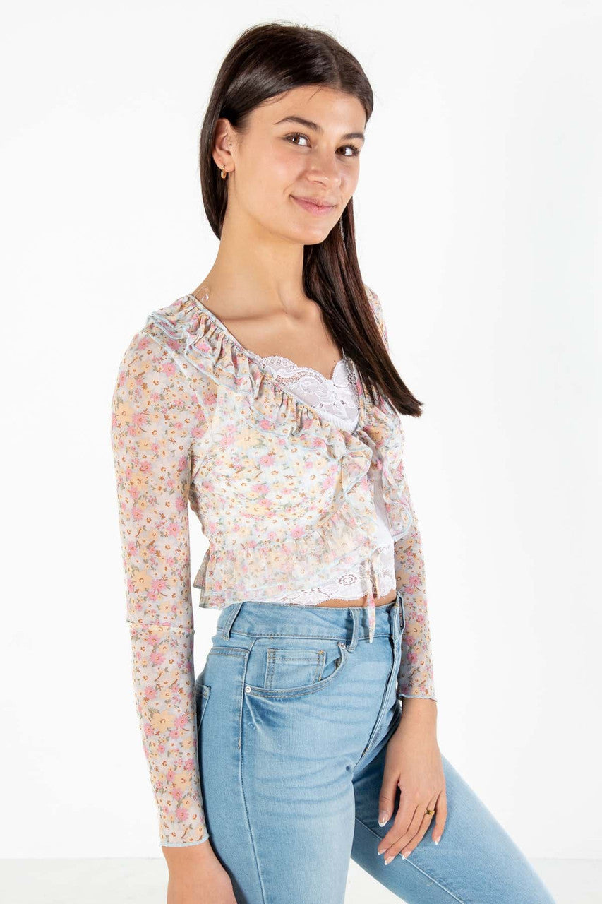 Floral Mesh Tie Front Top