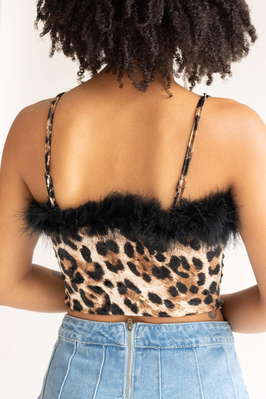 Fur Trimmed Brown Leopard Cropped Cami