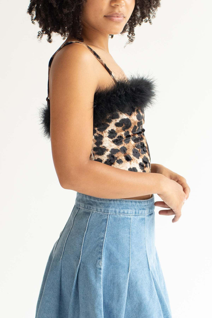 Fur Trimmed Brown Leopard Cropped Cami