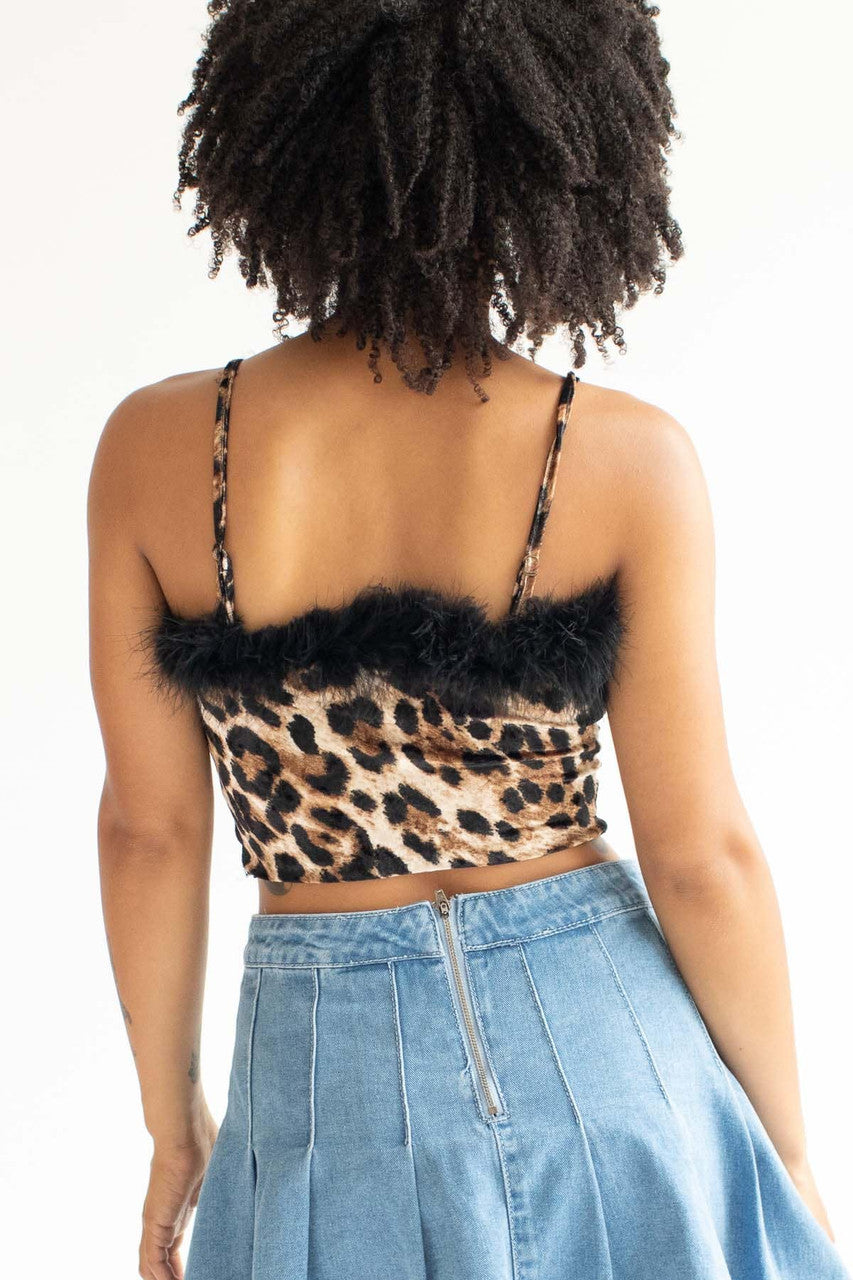 Fur Trimmed Brown Leopard Cropped Cami