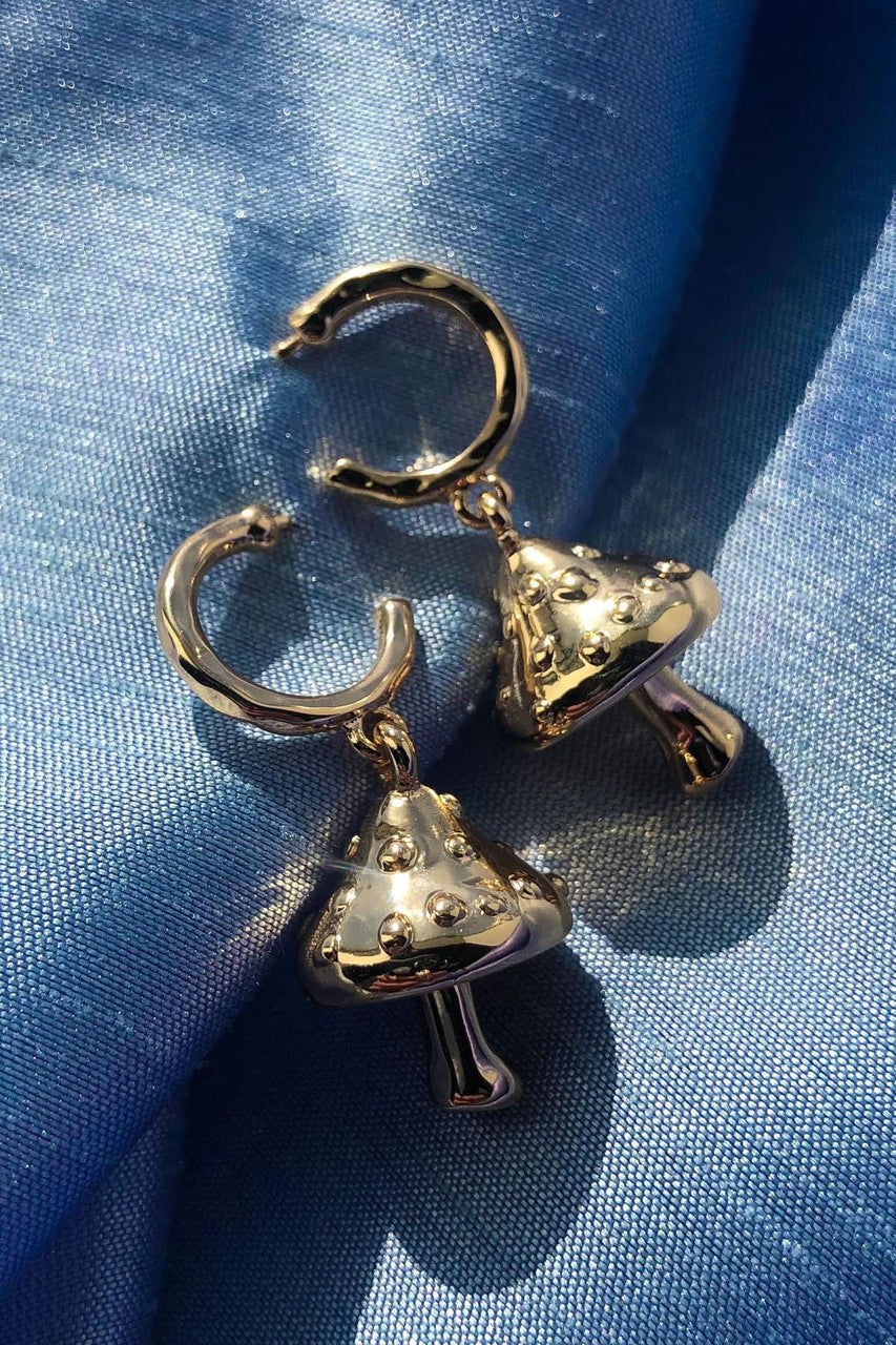 Gold Mushroom Drop Hoop Earrings