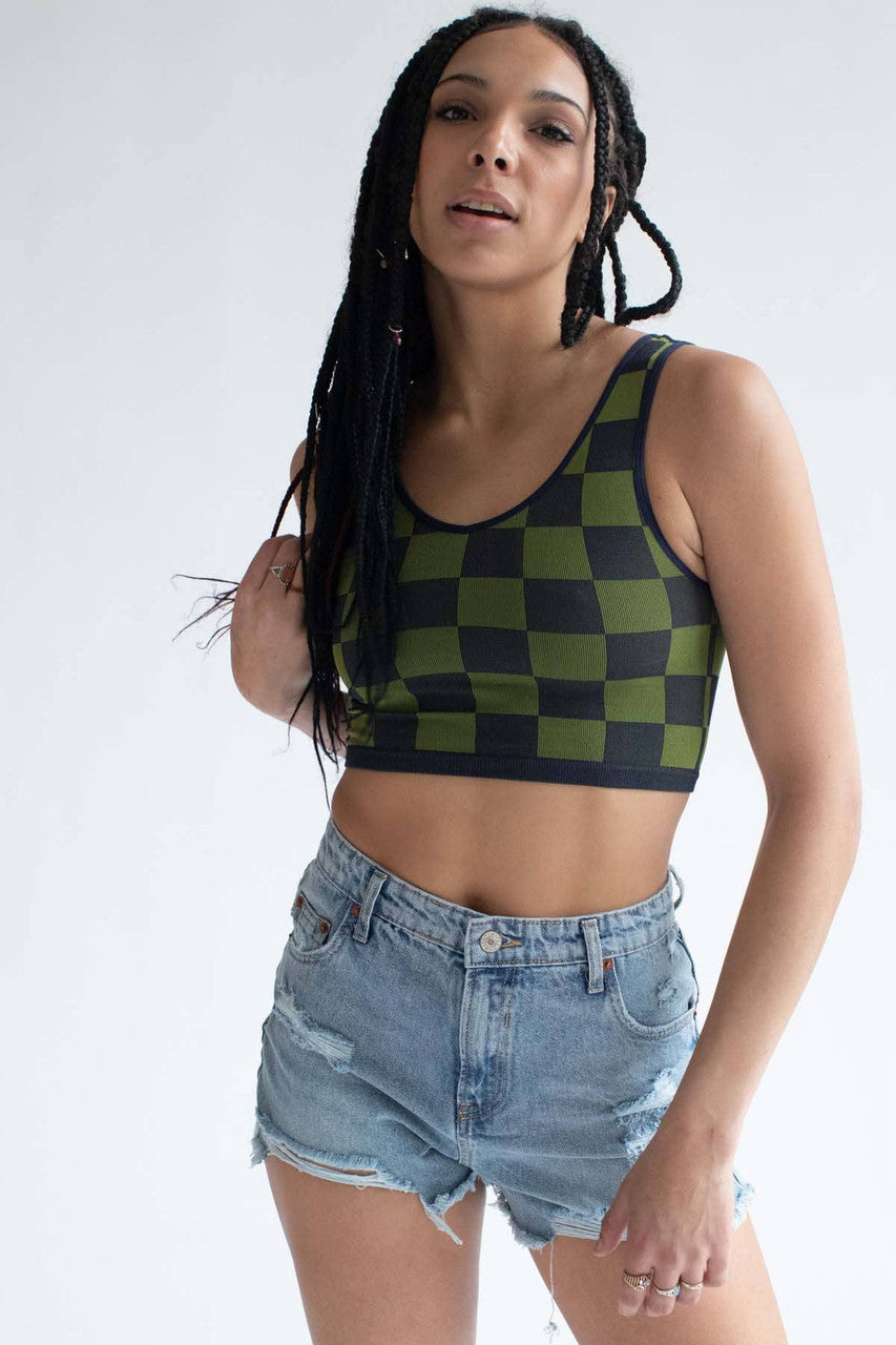 Green & Navy Checkered Seamless Crop Tank