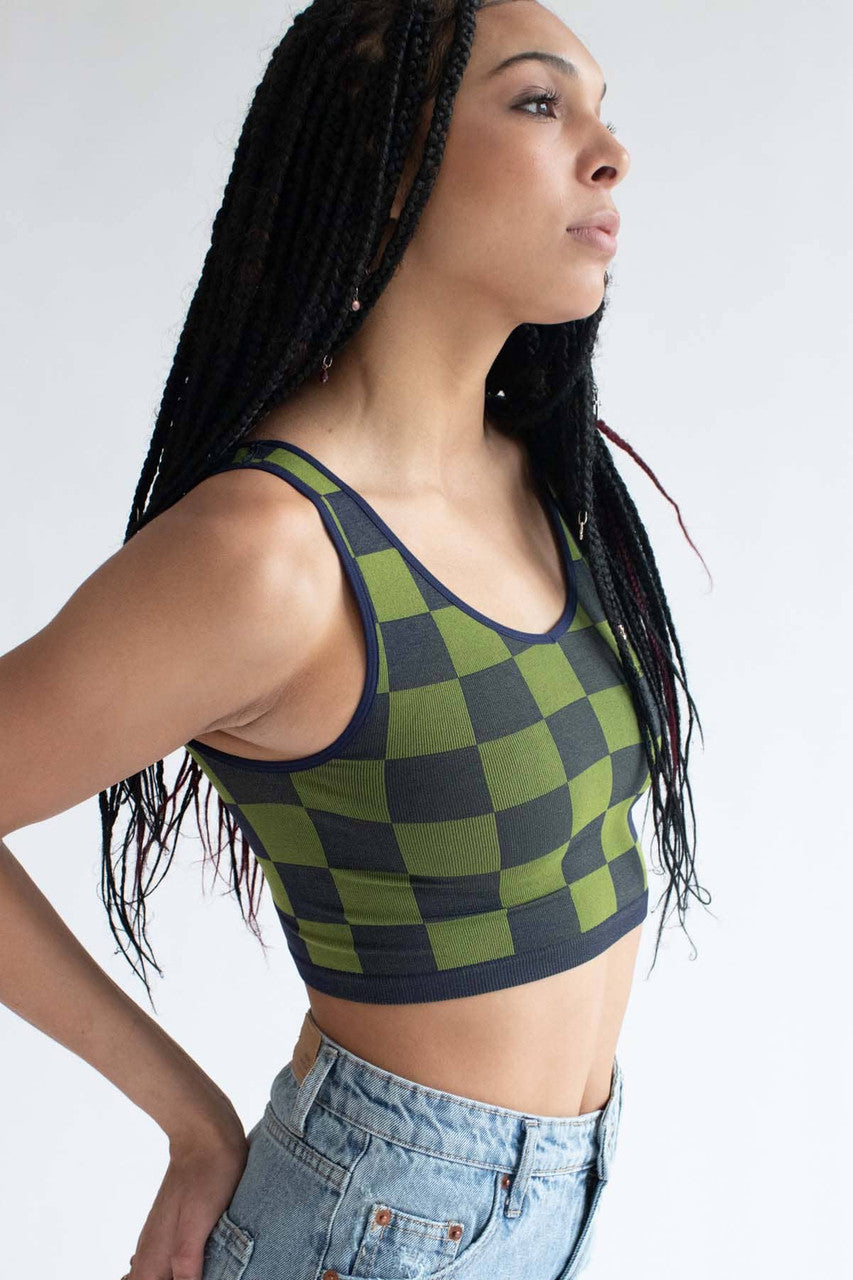 Green & Navy Checkered Seamless Crop Tank