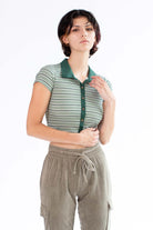 Green Button Up Stripe Polo