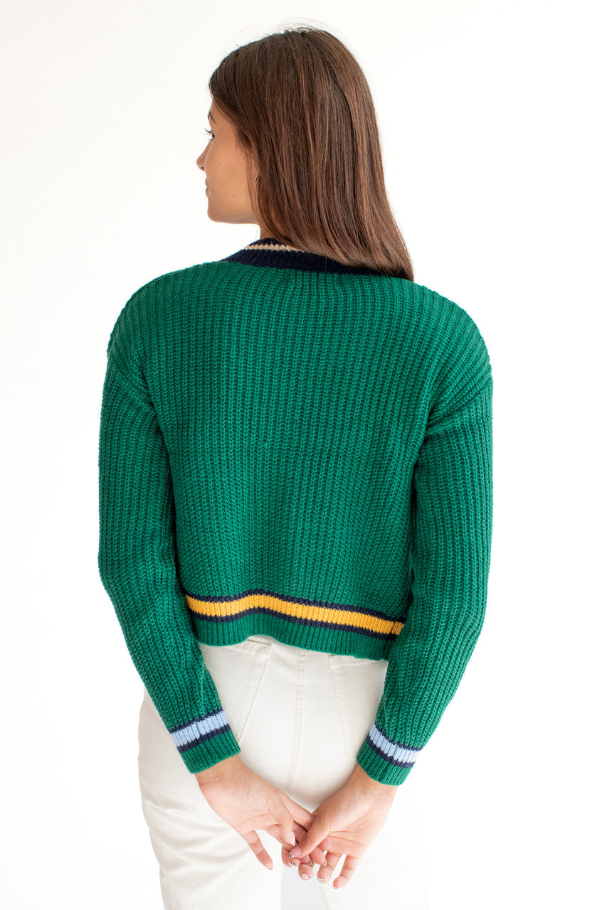 Green Cable Knit Varsity Cardigan