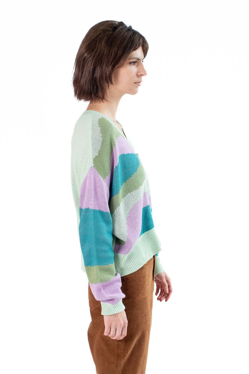 Green Combo Abstract Landscape Cardigan