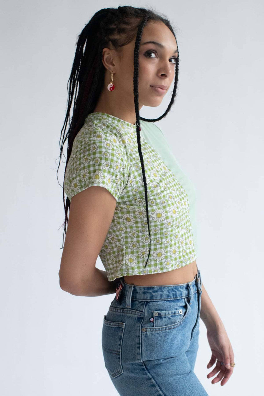Green Daisy Split Block Cropped Tee