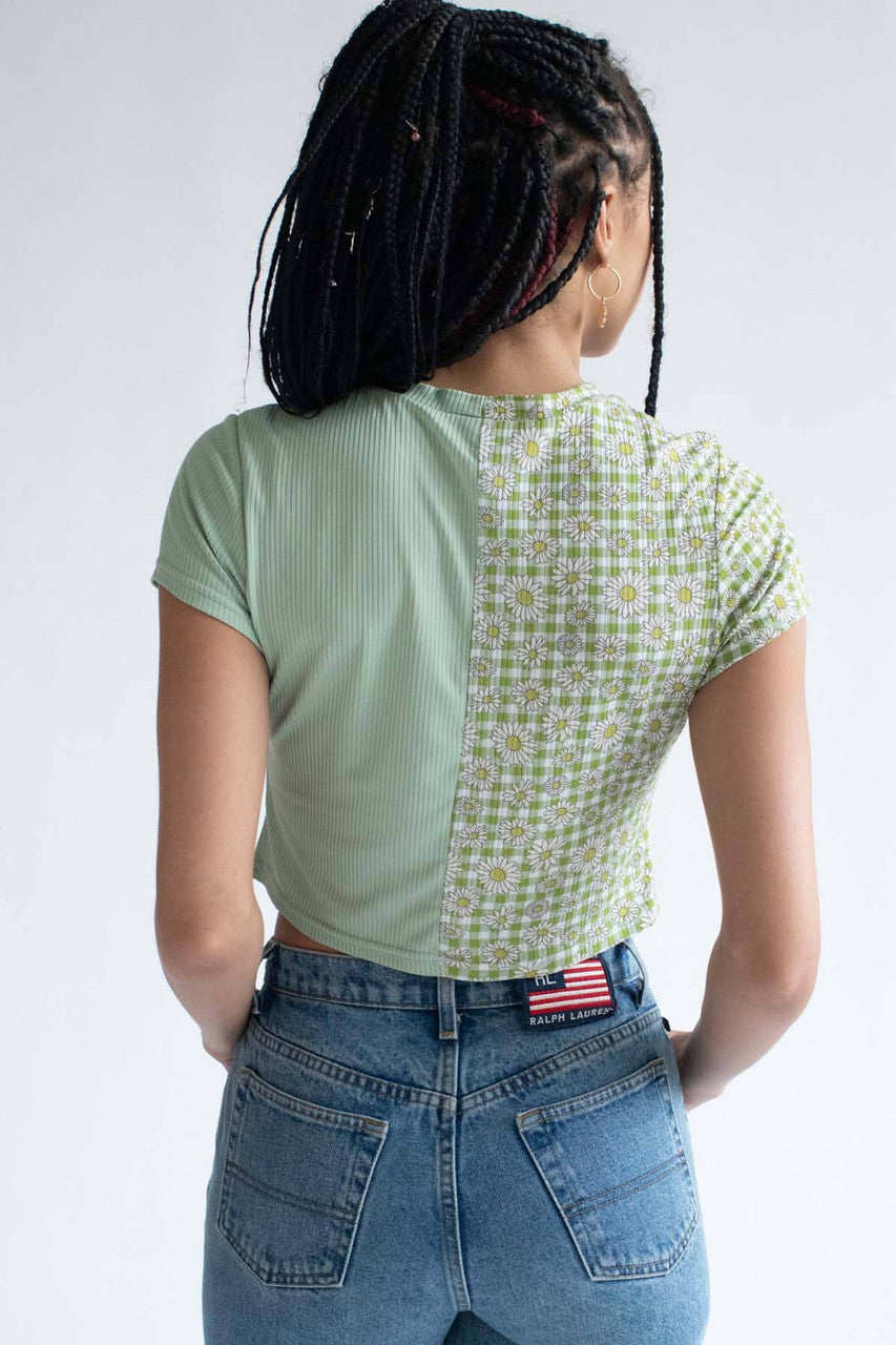 Green Daisy Split Block Cropped Tee