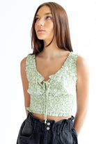 Green Gauze Floral Smock Waist Top