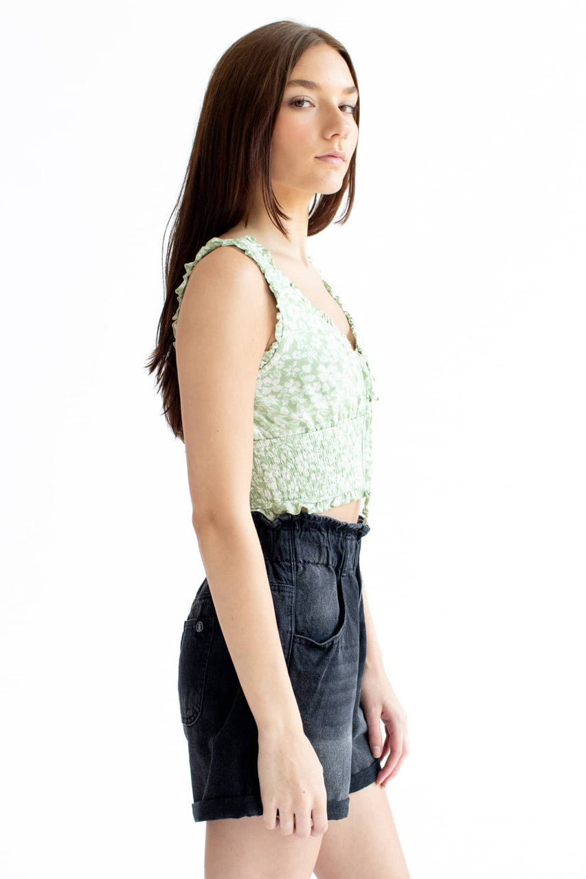 Green Gauze Floral Smock Waist Top