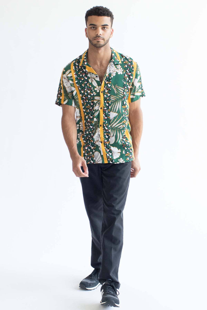 Green Leopard Floral Striped Hawaiian Shirt